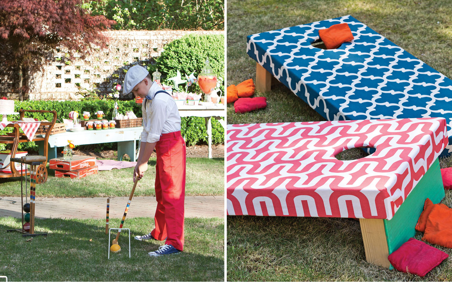 A photo of a child playing crochet and cornhole boards