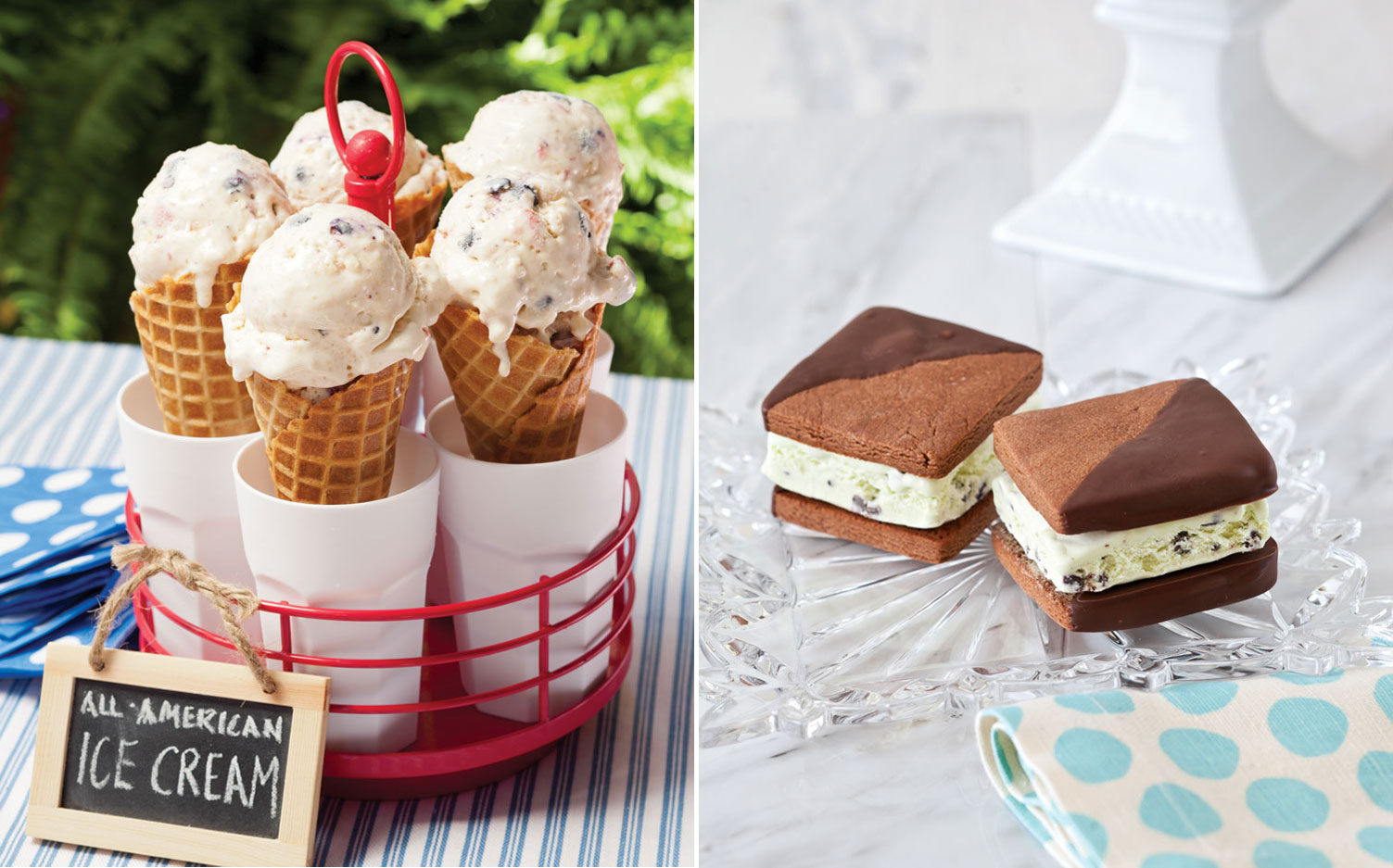 A photo of mint chocolate chip ice cream sandwiches and all-American ice cream cones