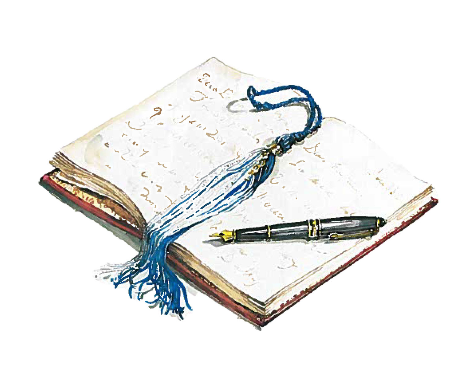 An illustration of a journal with a ribbon and a pen