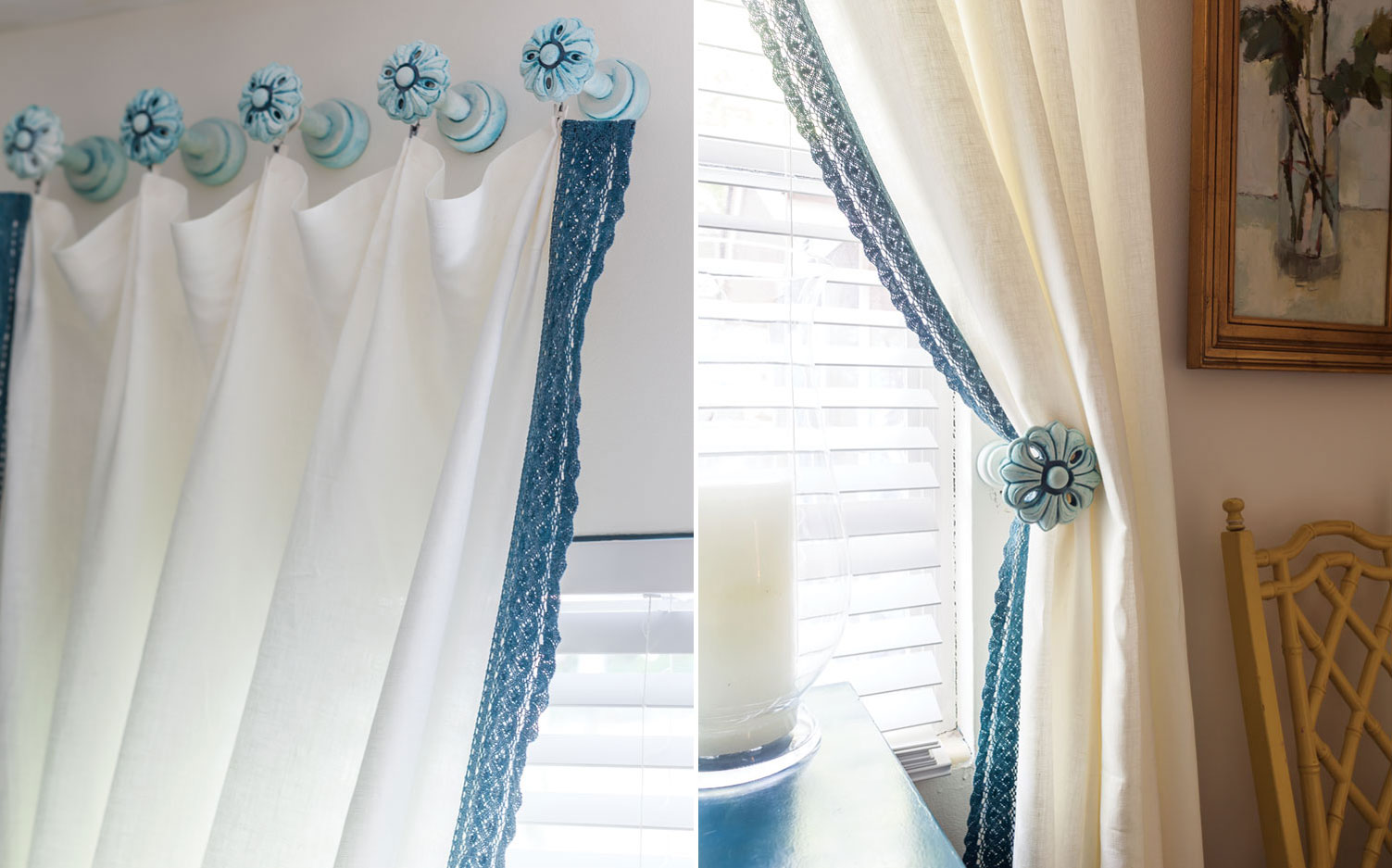 A picture of blue and white lace curtains