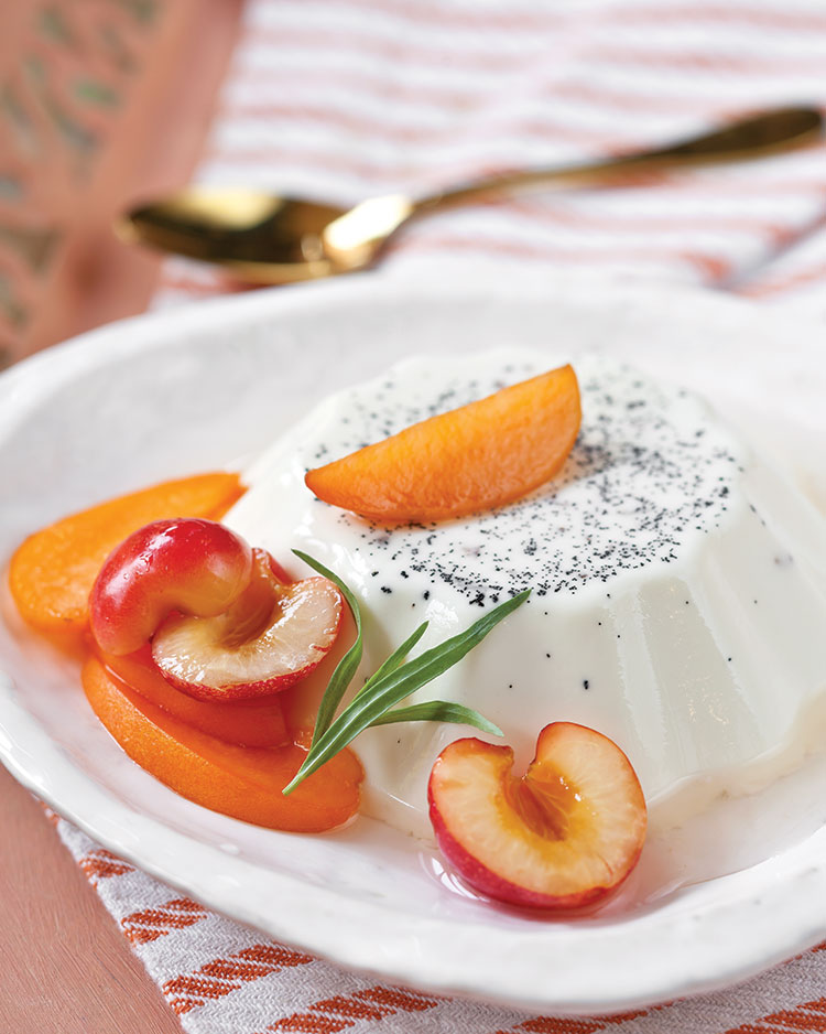Vanilla Bean Panna Cotta with Apricot, Cherry, and Tarragon Syrup