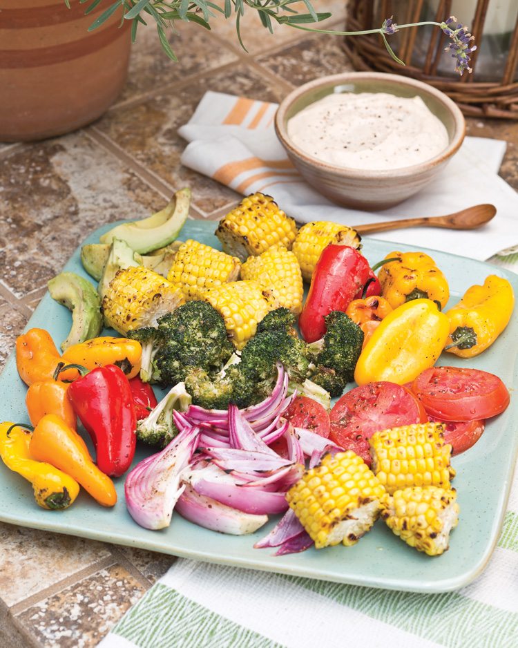A picture of Grilled Vegetable Crudité with Smoky Parmesan Dip for a Father’s Day cookout