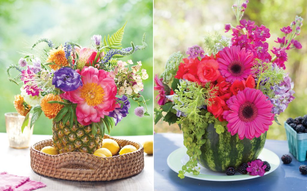 A picture of summer floral arrangements in fruit-turned-vases