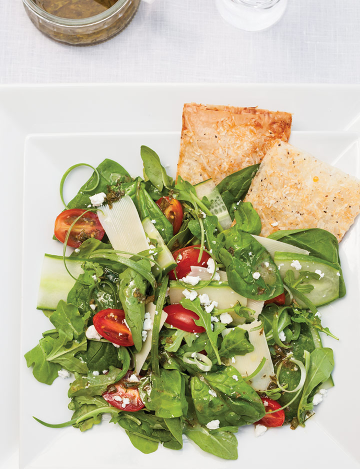 Spinach and Arugula Salad with Phyllo Croutons