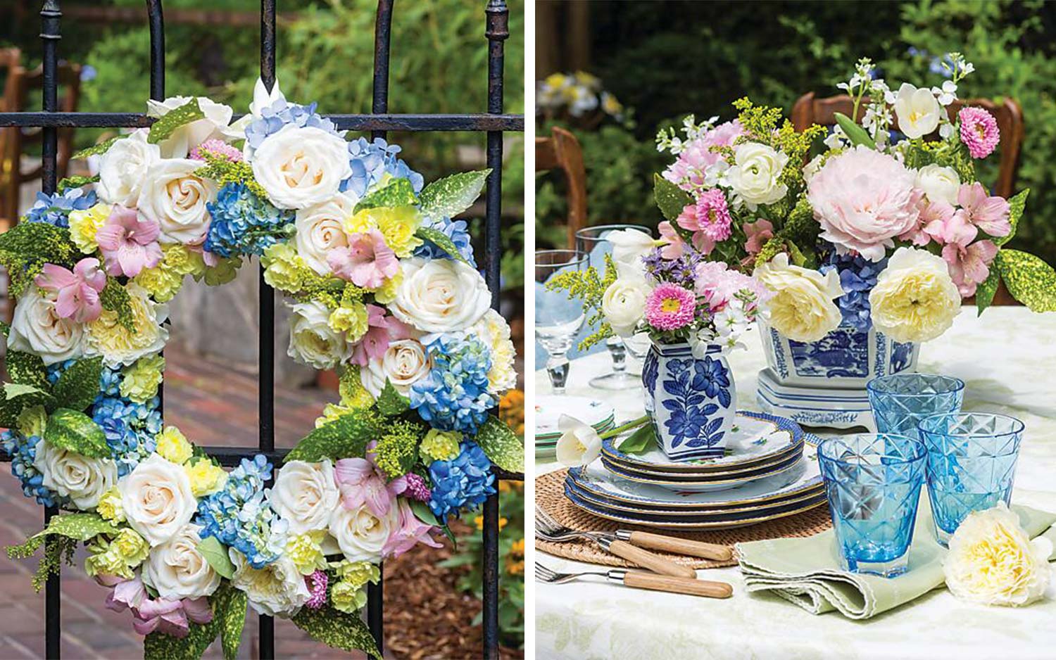 A floral wreath of pink, blue, yellow, and white blooms next to blue vasefuls of similar flowers