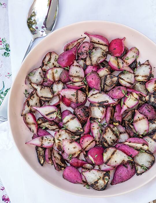 Grilled Radishes in a pale pink bowl