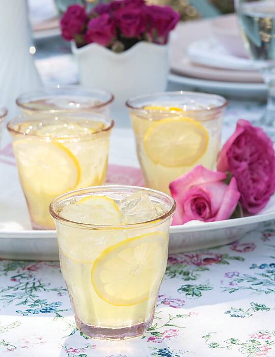 Limoncello Spritzer in a clear glass with sliced lemon