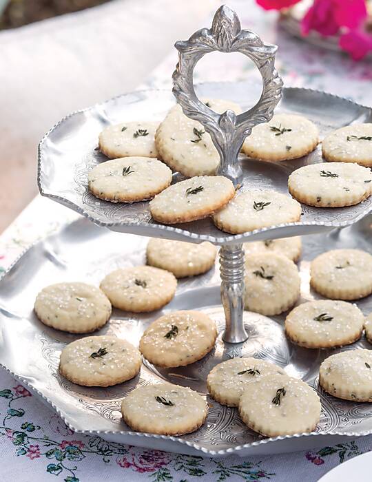 Lemon-Thyme Shortbread on a tiered silver tray