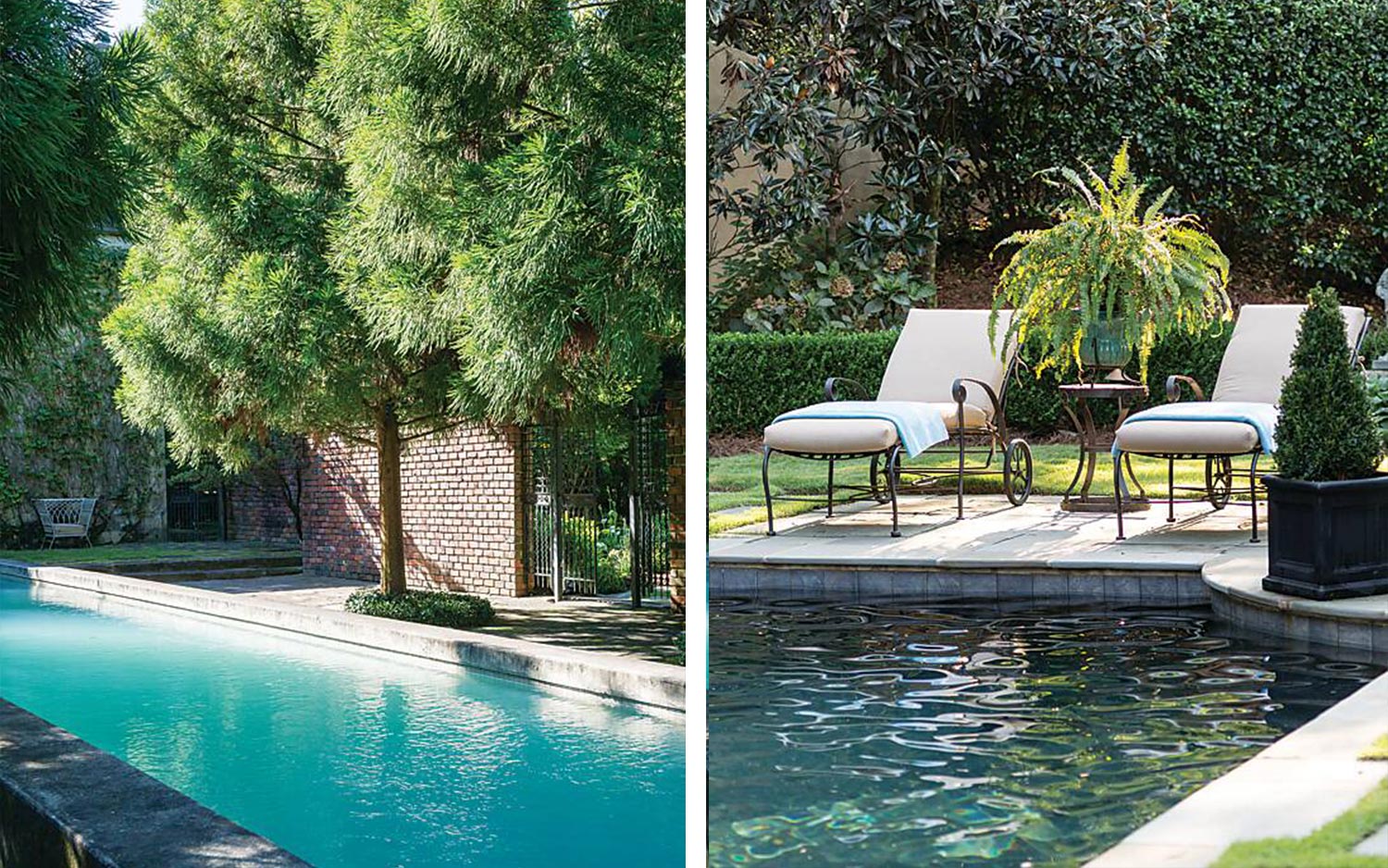 Side-by-side images of blue backyard pools