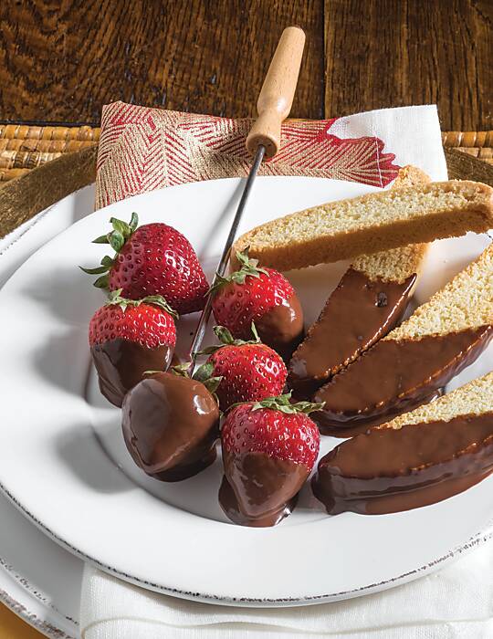 Dark Chocolate-Hazelnut Dip with Strawberries and Biscotti