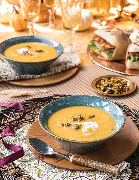 Pumpkin and Pear Soup with Candied Pistachios