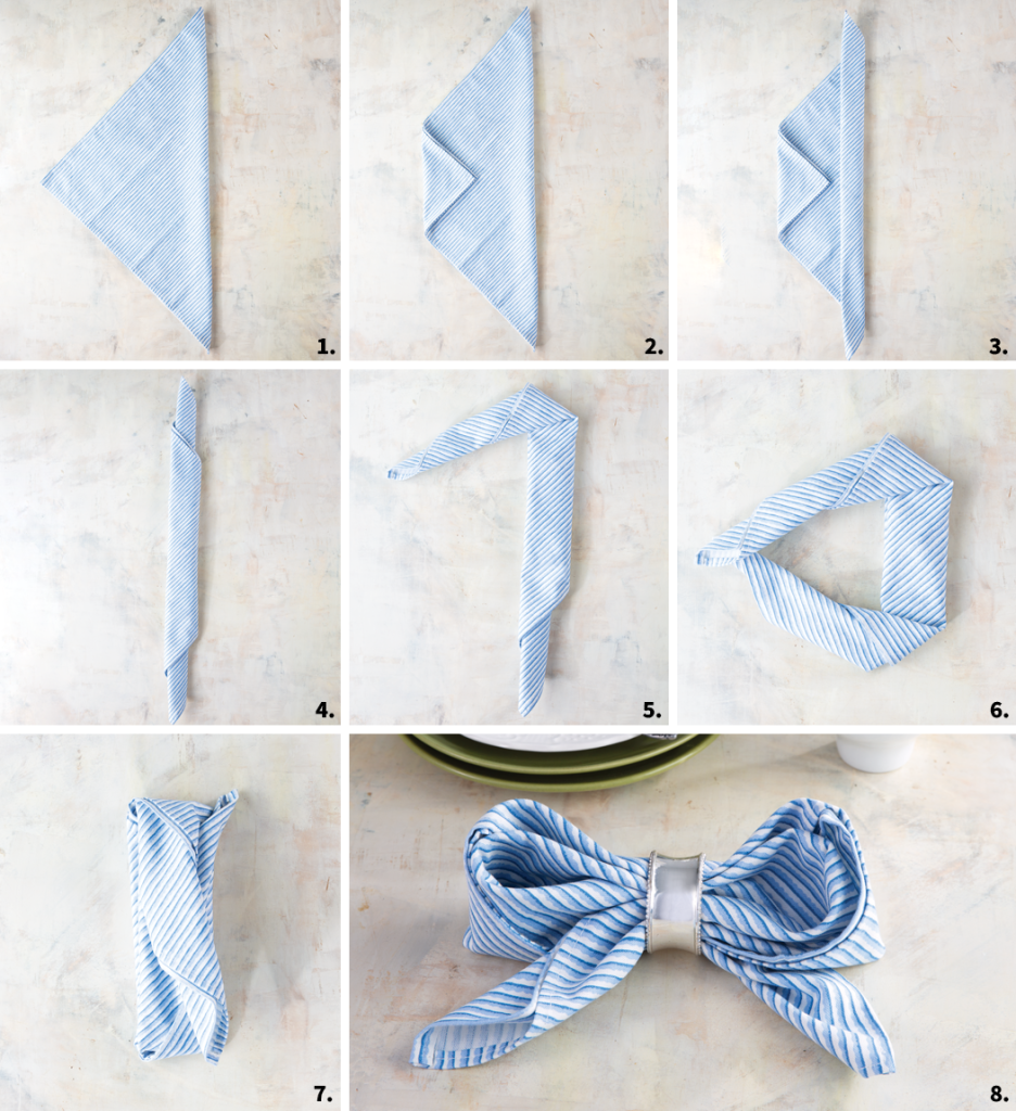 Napkin Fold How-To: A grid of images showing step-by-step bow napkin fold instructions