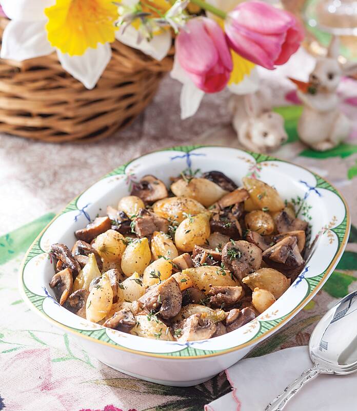 Creamed Pearl Onions and Mushrooms in a fine china dish