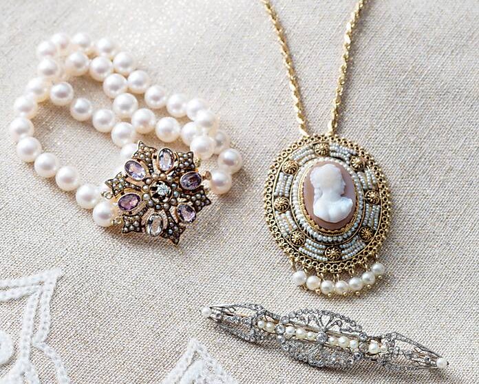 Pearl bracelet, cameo necklace, and pearl pin