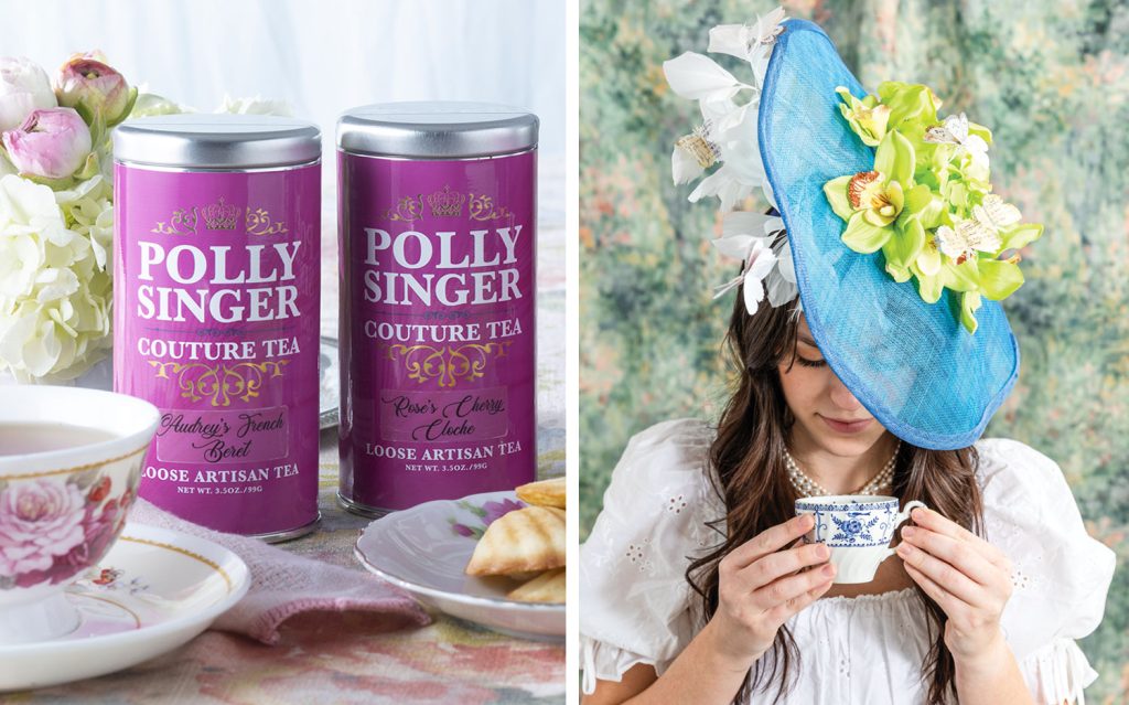 Side-by-side images of Polly Singer hats and teas