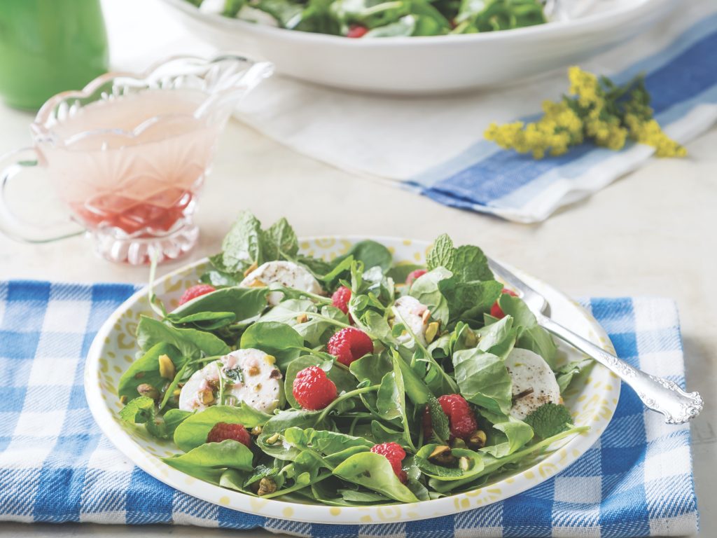 Plated Raspberry and Goat Cheese Salad on a blue-and-white gingham linen