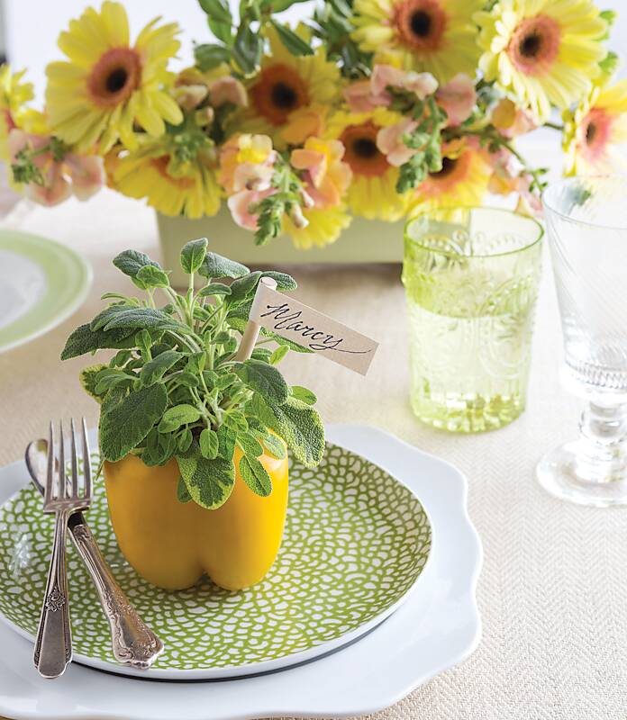 Sage in a yellow pepper with a place card flag