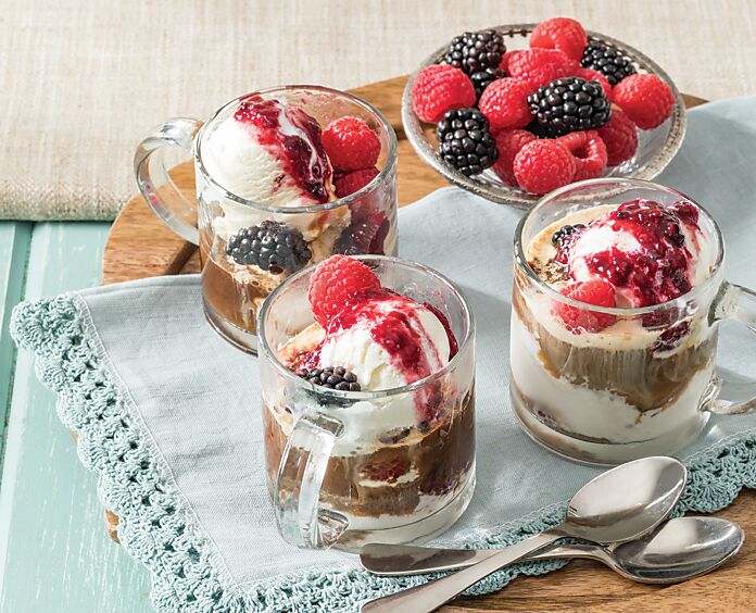 3 glass mugs of Affogato with Chambord Sauce and Berries