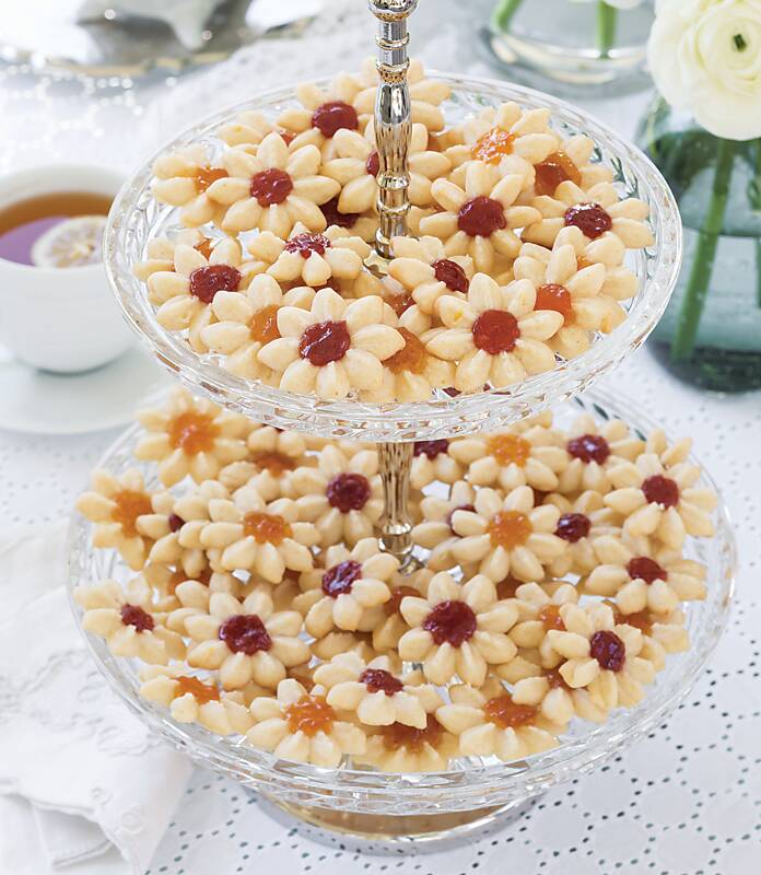 Jam-Filled Butter Cookie Blossoms on a tiered glass tray