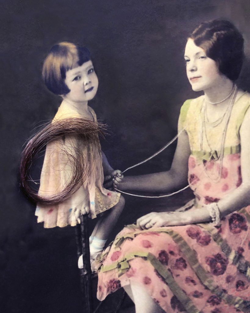 Aged photo of two young girls and a lock of hair