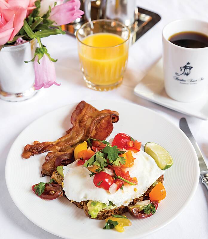 Hamilton-Turner Inn breakfast of eggs on toast served with bacon, coffee, and orange juice