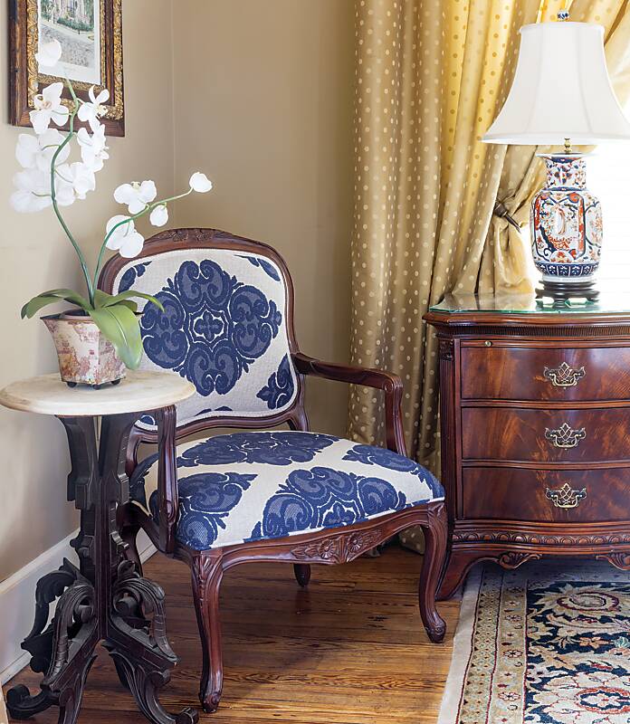 Hamilton-Turner Inn suite vignette featuring a blue-and-white upholstered antique chair