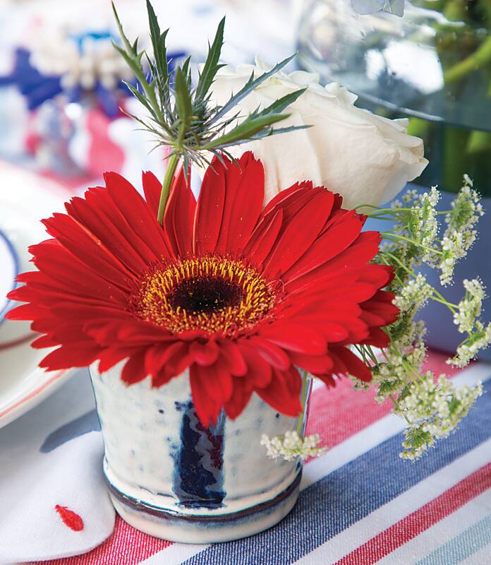 Red gerbera daisy in a short silver cup