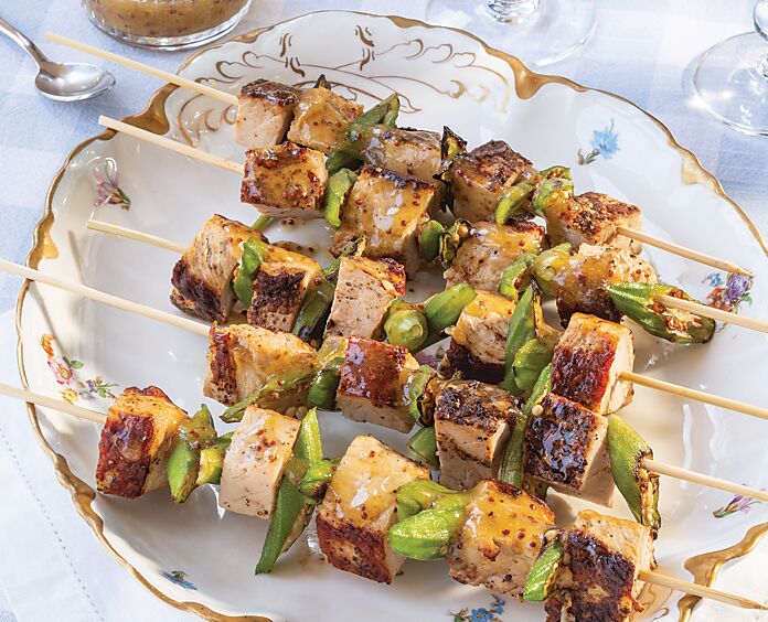 Grilled Pork and Okra Kabobs on white floral china