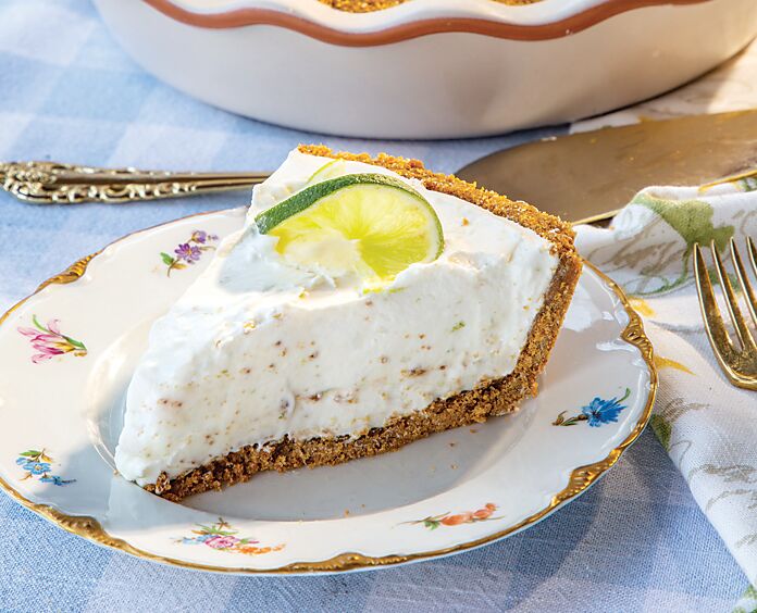Slice of Frozen Key Lime Pie on floral china