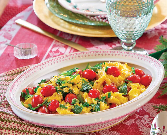 Cheesy Egg Scramble with Tomato and Spinach