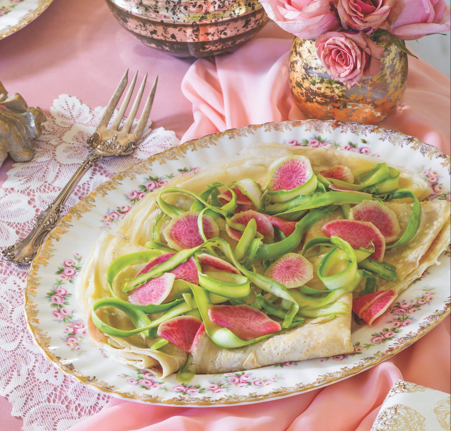 Prosciutto and Gruyère Crêpes with Vegetable Ribbons