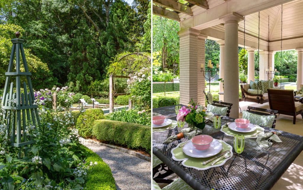A verdant garden and patio table and chairs set for outdoor entertaining